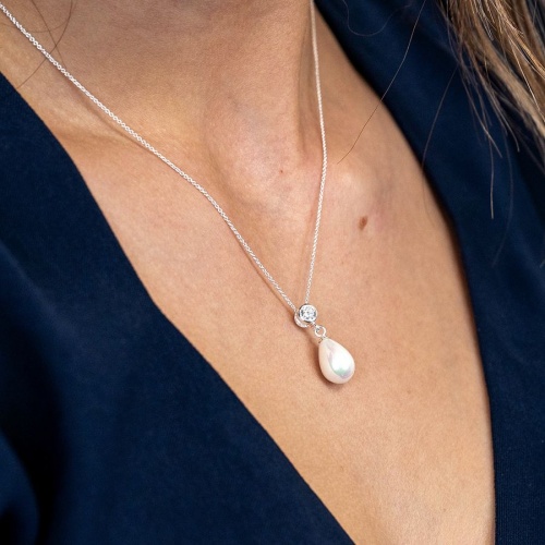 Sterling Silver Shell Pearl Drop and Crystal Necklace by Peace of Mind